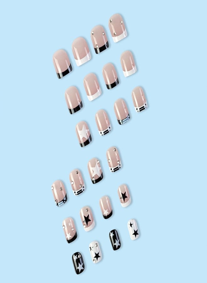 Vopintpy French Tip Press on Nails Short Square Fake Nails Black White Star Rhinestones False Nail Design Glossy Full Cover Artificial for Women Charm Manicure Reusable Stick on Nail - Image 4